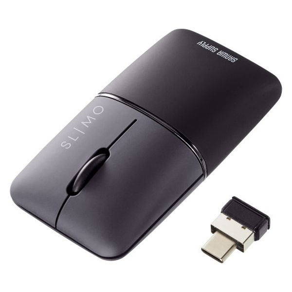 ワイヤレスマウス 無線 USB Type-C接続 超小型 静音 充電式 持ち運び向け ブルーLED SLIMO ブラック 1個