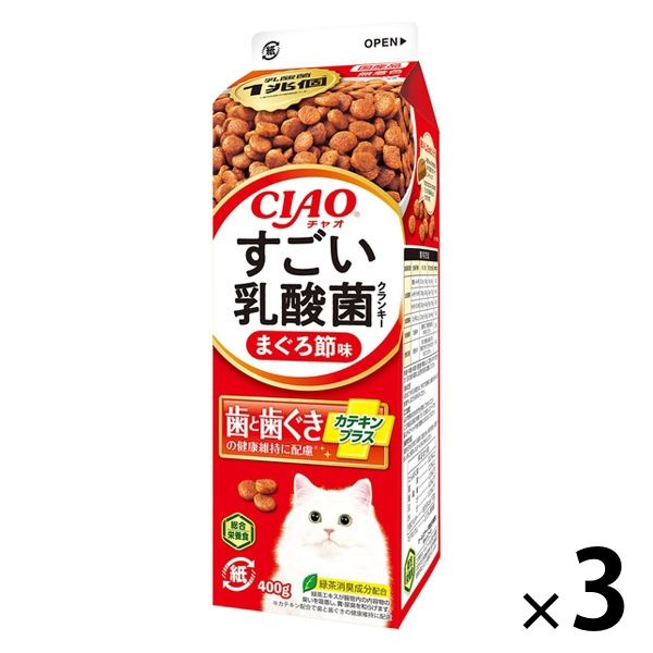 いなば CIAO（チャオ）すごい乳酸菌 クランキー 牛乳パック まぐろ節味 国産 総合栄養食 400g 3個 キャットフード 猫
