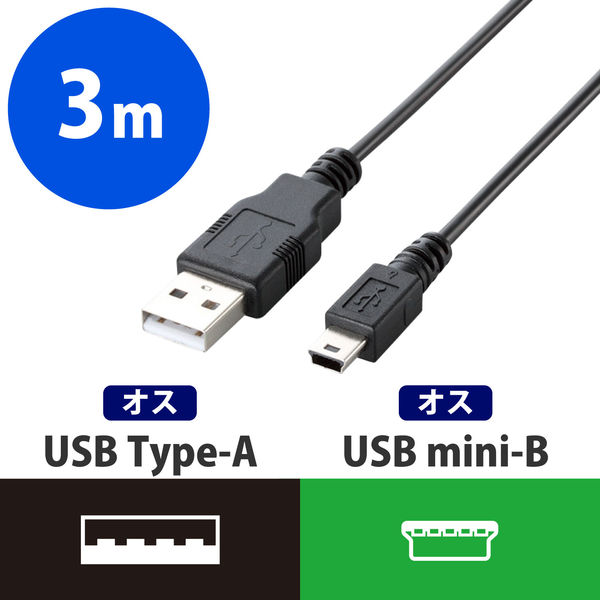 エレコム エコUSB2.0ケーブル USB（A）オス - USB（mini-B）オス ブラック 3.0m U2C-JM30BK 1本（直送品） -  アスクル