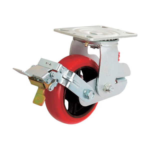 イノアック プレート式緩衝牽引キャスター(ウレタン車) 自在ストッパー式 φ200 バネ付(赤) KTU-200WJS-RS 1個（直送品）