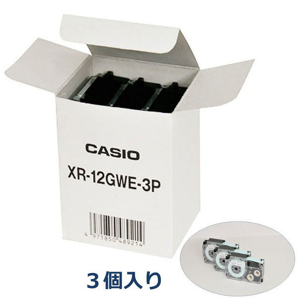 カシオ CASIO ネームランド テープ 強粘着 幅12mm 白ラベル 黒文字 5.5m巻 XR-12GWE-3P 15個  オリジナル