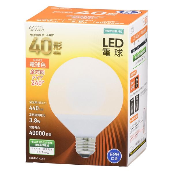 株式会社オーム電機 ＬＥＤボール球　Ｅ２６　３．８Ｗ　Ｌ 06-3161 1個（直送品）