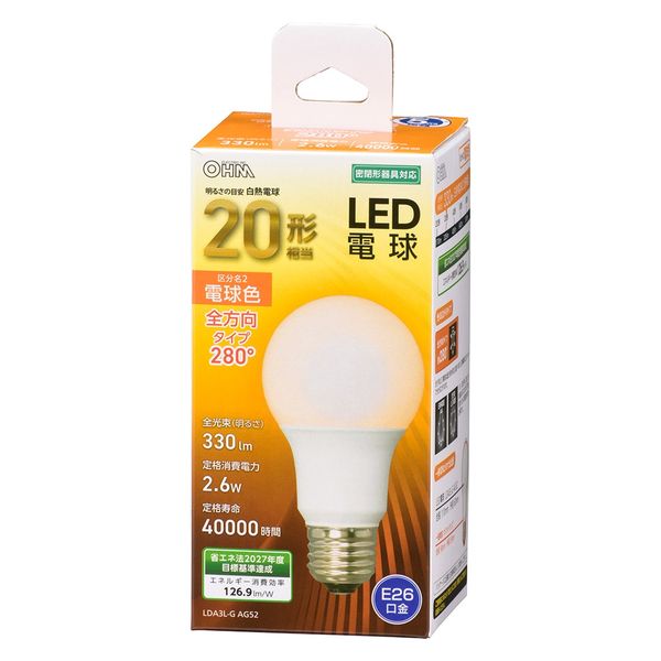 オーム電機 LED電球 A E26 2.6W L 06-4451 1個