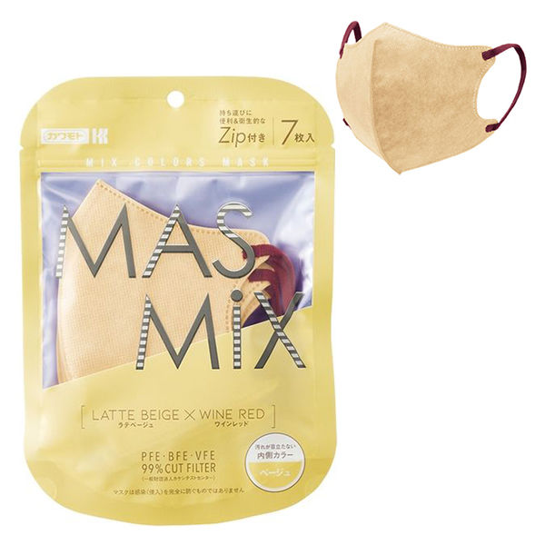Kirei Mask MASMiXマスク（ラテベージュ×ワインレッド）1袋（7枚入） 川本産業 ツートンカラーマスク バイカラー