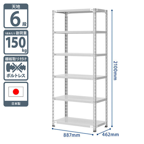 プラス KR軽量ラック （天地6段） 幅887×奥行462×高さ2100mm ライトグレー 1台（4梱包） スチールラック セット品 耐荷重150（わけあり品）