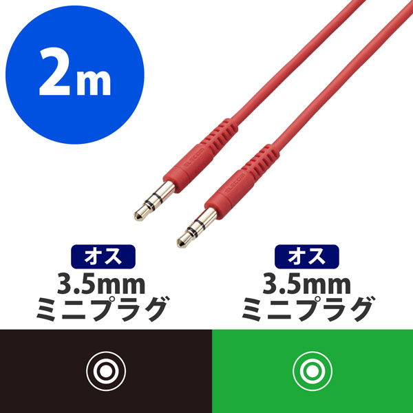 ステレオミニプラグ AUX オーディオケーブル φ3.5mm 2m やわらか レッド AX-35MY20RD エレコム 1個 - アスクル