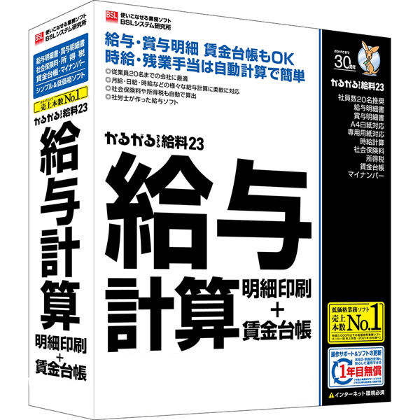 BSLシステム研究所 かるがるできる給料23 給与計算・明細印刷+賃金台帳 1個 - アスクル