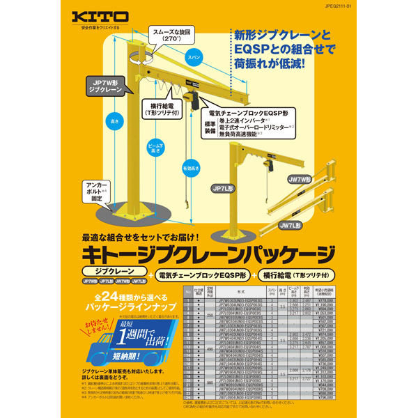 キトー　ジブクレーンパッケージ（ジブクレーン＋電気チェーンブロックEQSP形+横行給電） JP7L0403UN03-EQSP004IS（直送品）