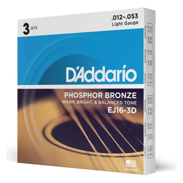 D'Addario ダダリオ アコースティックギター弦 フォスファーブロンズ Light .012-.053 EJ16-3D 3setパック（直送品）
