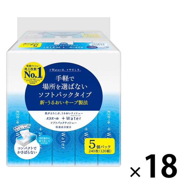 ティッシュペーパー 保湿 120組 エリエール +Water ソフトパックティッシュー 1セット（5個入×18パック）大王製紙 - アスクル