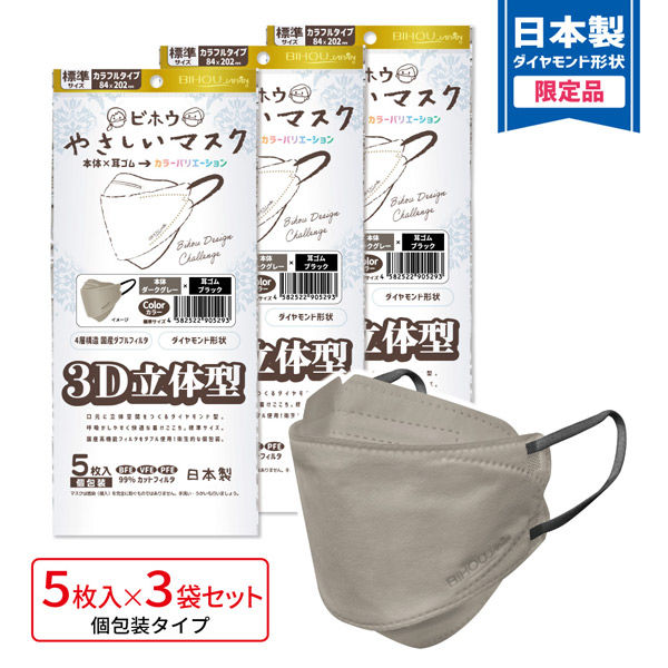 3D立体型マスク 5枚入 標準 ダークグレー/黒 3袋セット カラフル GBD-AS 1セット（3袋） エスパック（直送品）