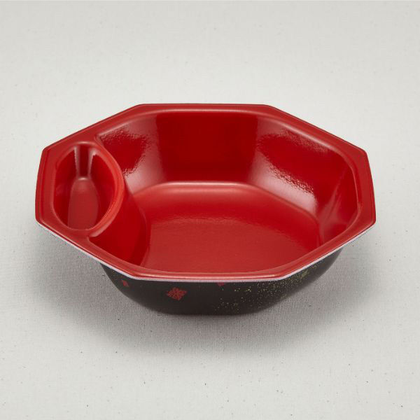 角丼容器 八角皿-S 中 本体 耐熱黒まきえ内赤 1200枚(50枚×24) 224282 1ケース(1200枚入(50枚×24袋))（直送品）