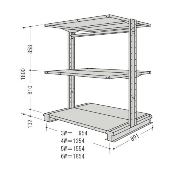 NF スチール製軽中量ボルトレス棚 キャンチラック複式増結1連 間口1554×奥行891×高さ1800mm 階段数3 CR65S-W3B（直送品）