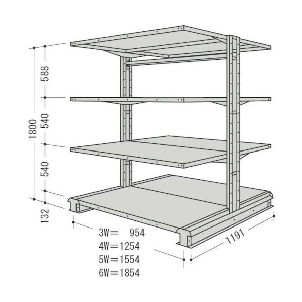 NF スチール製軽中量ボルトレス棚 キャンチラック複式増結1連 間口1854×奥行1191×高さ1800mm 150kg CR66L-W4B（直送品）