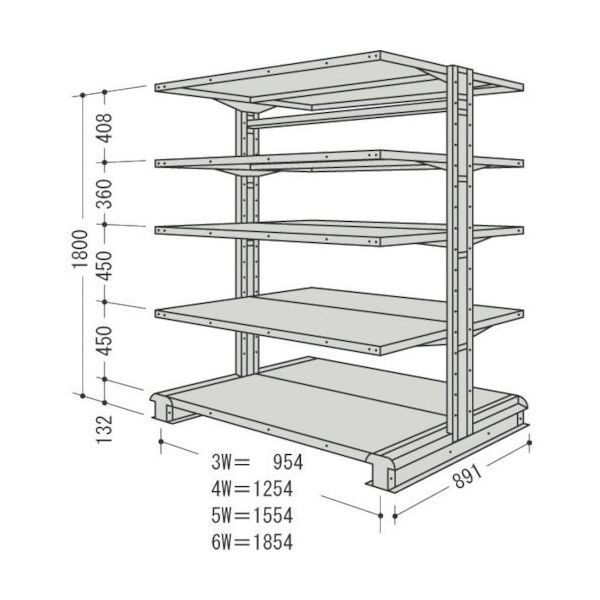 NF スチール製軽中量ボルトレス棚 キャンチラック複式増結1連 間口1554×奥行891×高さ1800mm 階段数5 CR65S-W5B（直送品）
