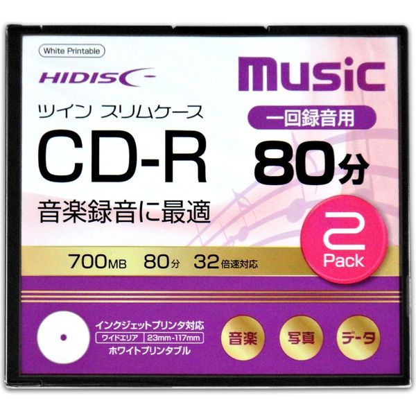 磁気研究所 HIDISC CD-R 音楽用 32倍速 スリムケース HDCR80GMP2TC 1個（2枚）