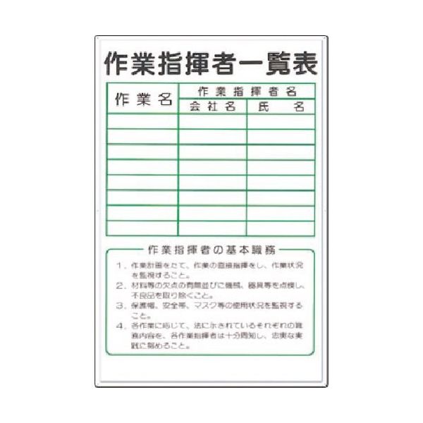 つくし工房 つくし 掲示板 作業指揮者一覧表 (ボードマーカー付) 89-D 1枚 185-4185（直送品）