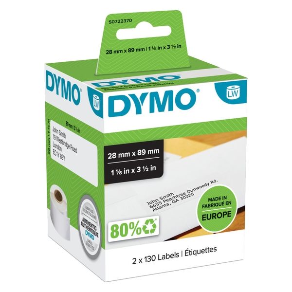 DYMO（ダイモ） ダイモ ラベルプリンター用 アドレスラベル(M) 28×89mm 130枚×2ロール入 S0722370 1個（直送品）