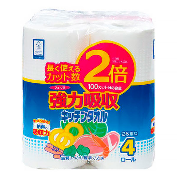 キッチンペーパー フェルミキッチンタオル 2倍巻き 100カット（1カット22×21cm） 1パック（4ロール入） イデシギョー