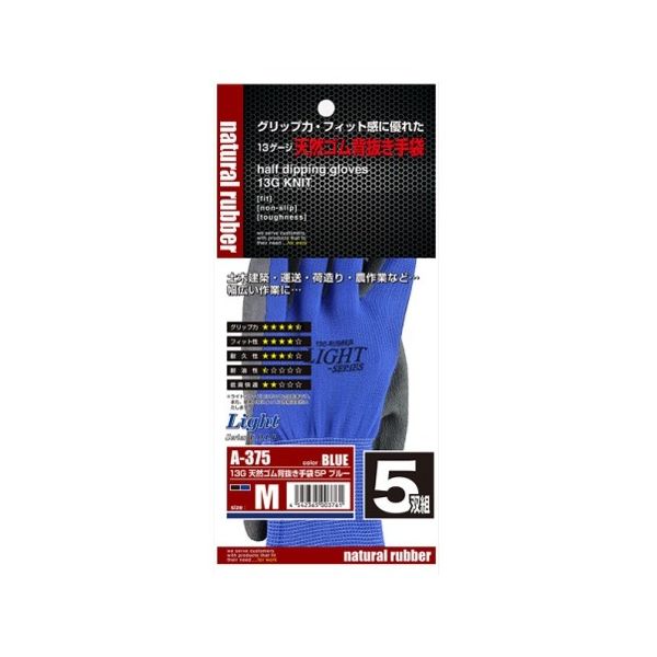 キャプテン ゴムコーティング手袋「ライト 天然ゴム背抜き手袋」5P ブルー M A-375 1袋(5双) 62-2262-57（直送品）