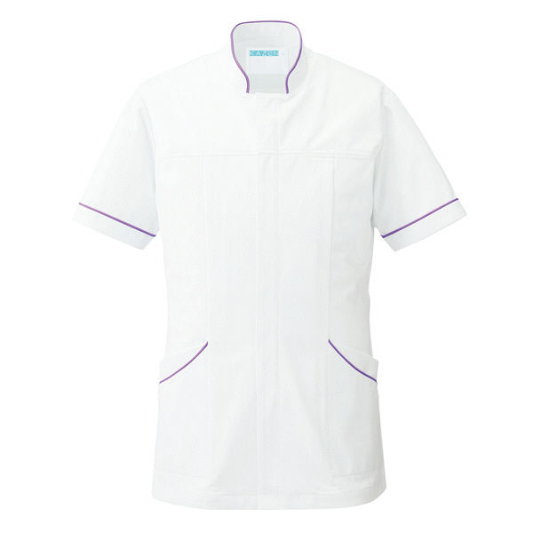 KAZEN メンズジャケット半袖 （医務衣） 医療白衣 ホワイト×パープル L 093-29（直送品）