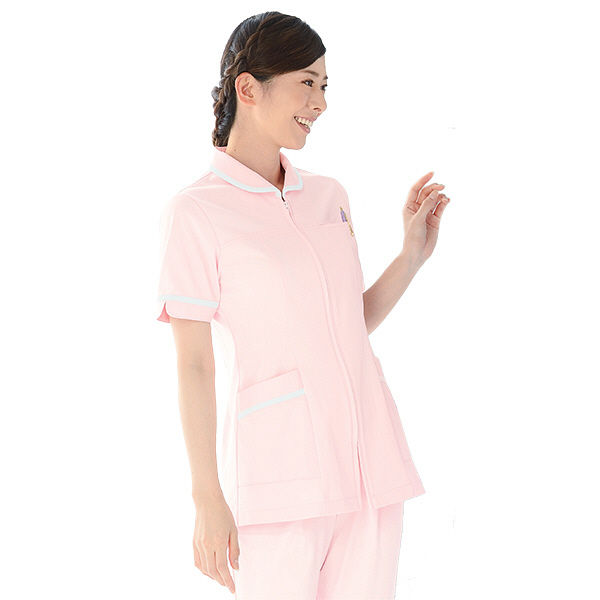 KAZEN レディスジャケット半袖 （ナースジャケット） 医療白衣 ピンク×ホワイト L 101-24（直送品）