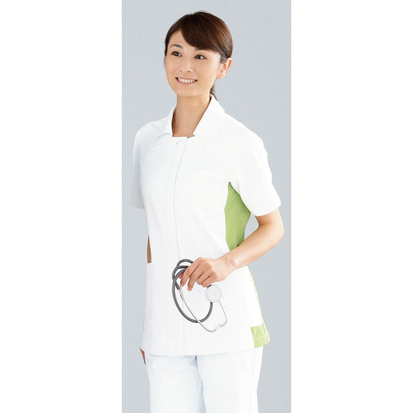 KAZEN レディスジャケット半袖 （ナースジャケット） 医療白衣 ホワイト×オリーブ 3L 014-22（直送品）