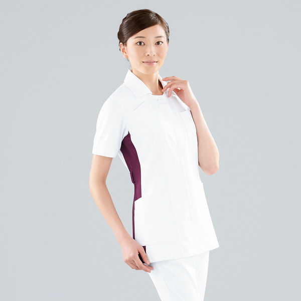 KAZEN レディスジャケット半袖 （ナースジャケット） 医療白衣 ホワイト×プラム 3L 014-25（直送品）