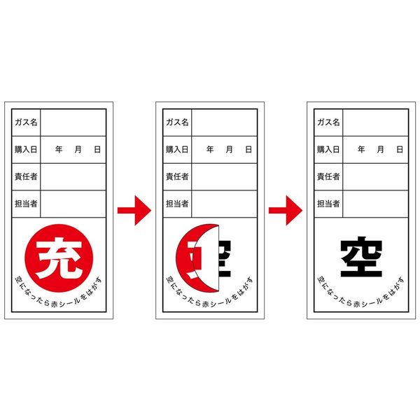 日本緑十字社 ボンベステッカー 札ー12 「充 空になったら赤~」 10枚1組 042012 1セット(50枚:10枚×5組)（直送品）