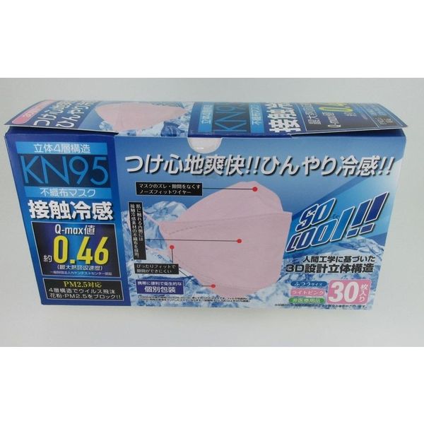 2022接触冷感KN95 立体4層構造不織布マスク30枚入り ライトピンク