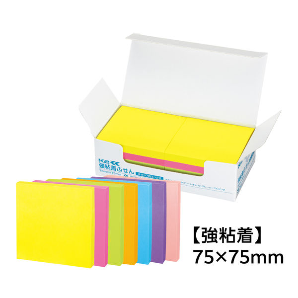 コクヨ 強粘着 ふせん 付箋　＜Ｋ２＞ネオン 75×75mm 7色 K2メ-KN7575X10 1箱（90枚×10）