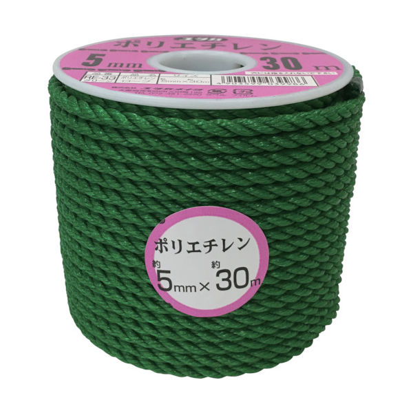 ユタカメイク ロープ　ＰＥカラーロープボビン巻　５ｍｍ×３０ｍ　グリーン RE-33 1巻 494-8939