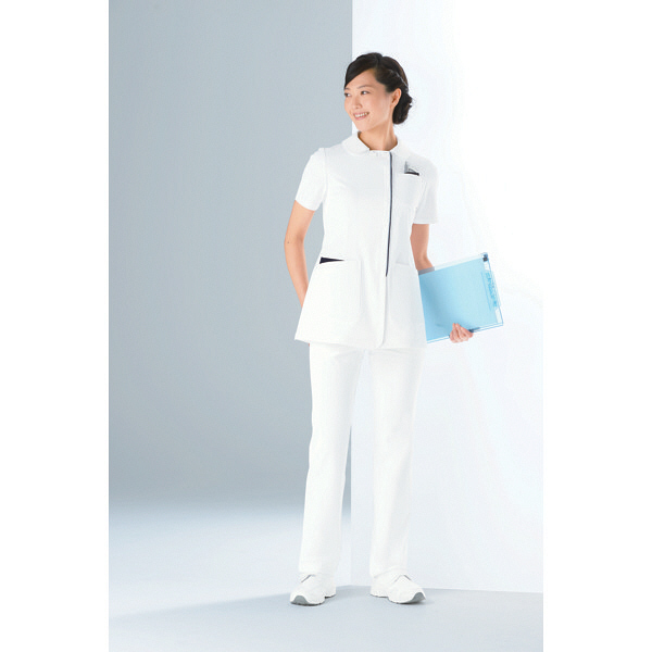 KAZEN レディスジャケット 医療白衣 半袖 ホワイトXネイビー L 072-28（直送品）