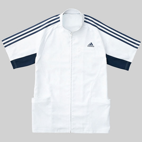 KAZEN adidas（アディダス）メンズジャケット 医療白衣 半袖 ホワイト+ネイビー O SMS603-18（直送品）