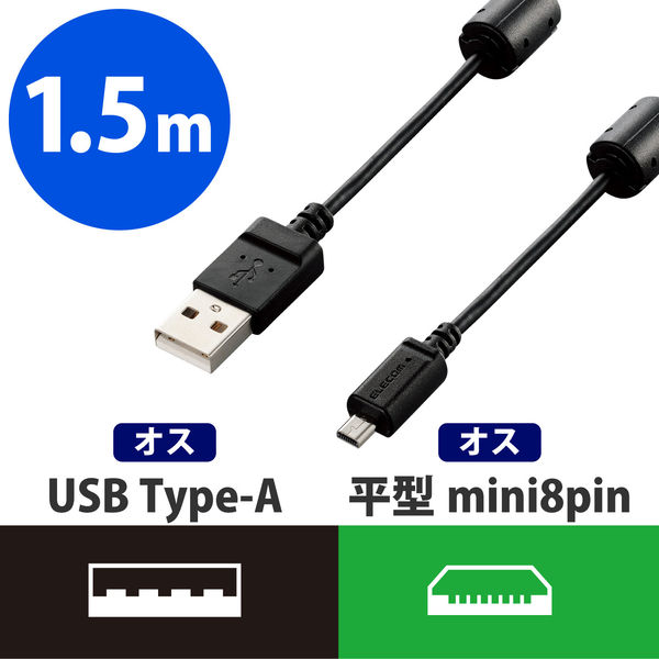 エレコム デジカメ用USBケーブル フェライトコア 平型8ピン 1.5m DGW-F8UF15BK 1個