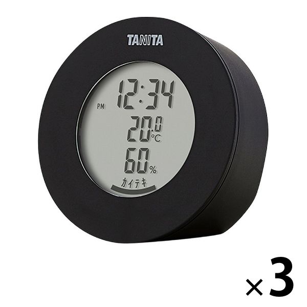 タニタ 温湿度計 時計 温度 湿度 デジタル 卓上 マグネット ブラック TT-585-BK 1セット（3個）