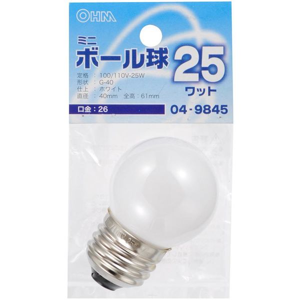 オーム電機 白熱電球 ミニボール球 G40 E26 ホワイト 25W 61mm OHM LB-G4625-W（直送品）