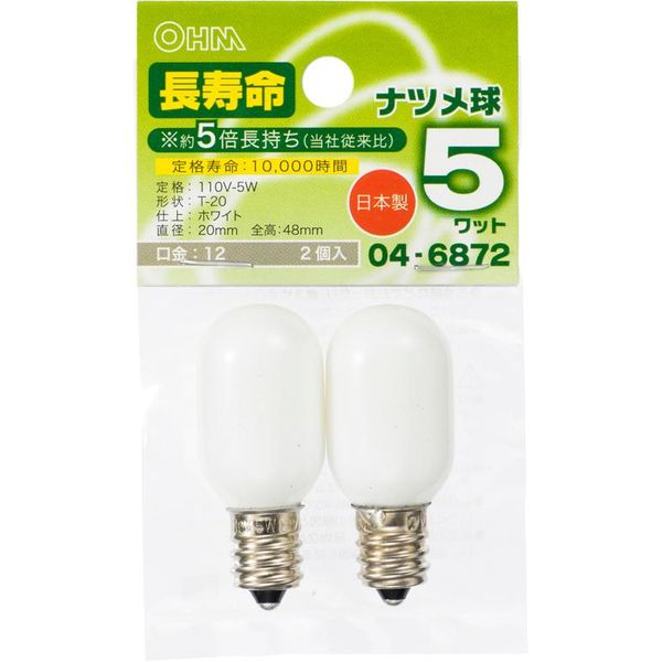 オーム電機 ナツメ球 T20 E12 5W ホワイト LB-T0205-WLL/2P 1個 アスクル