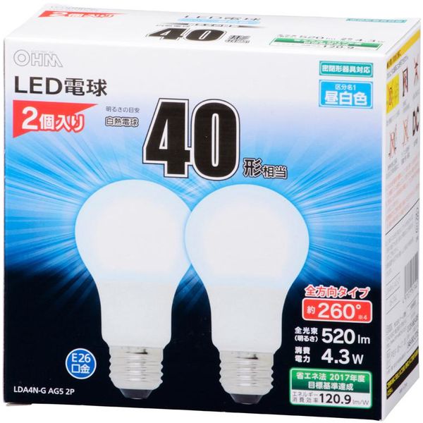 オーム電機LED電球 一般電球形 E26 40W形相当 昼白色 全方向 密閉器具対応 520lm 全長106mm 2個入 LDA4N-G AG5 2P（直送品）