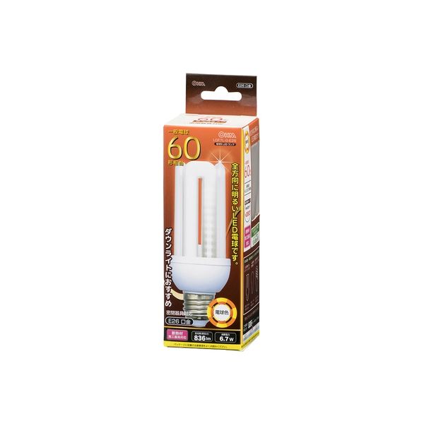 オーム電機 LED電球 D形 E26 60形相当 6.7W 836lm 電球色 全方向タイプ 発光管露出形 120mm LDF7L-G-E26（直送品）