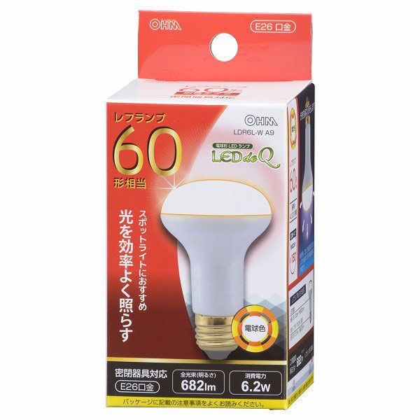 オーム電機 LED電球 レフランプ形 E26 60形相当 6W 電球色 広角タ LDR6L-W A9 1個