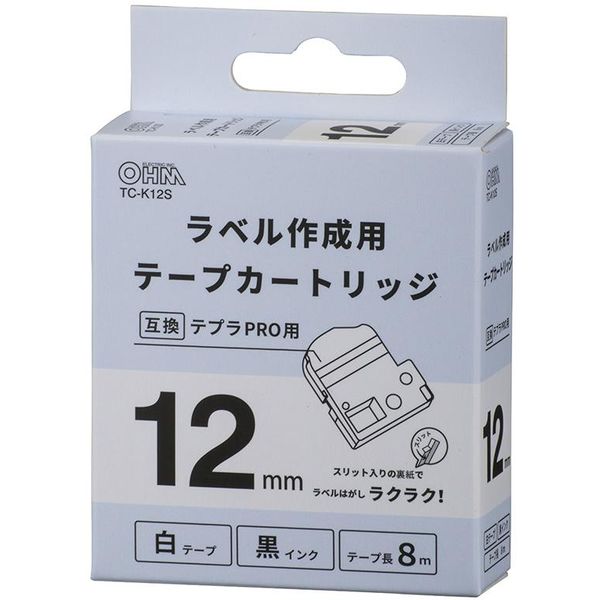 オーム電機 OHM テプラPRO用 互換ラベル テープカートリッジ 12mm 白ラベル（黒文字） TC-K12S 1個