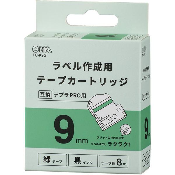 テプラPRO用　互換ラベル　テープカートリッジ　9mm　緑ラベル（黒文字）　TC-K9G　　オーム電機（直送品）