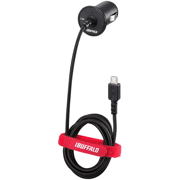バッファロー ２．４Ａ　シガーソケット用ＵＳＢ急速充電器　ｍｉｃｒｏＵＳＢ急速ケーブル一体型タイプ　１ｍ　ブラック BSMPS2403BC1BK（直送品）