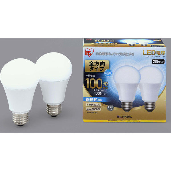 アイリスオーヤマ LED電球 E26 2P 全方向タイプ 昼白色 100形相当（1600lm） LDA14N-G/W-10T52P（直送品）