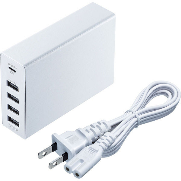 サンワサプライ USB Power Delivery対応AC充電器（5ポート・合計60W・ホワイト） ACA-PD57W 1個（直送品）