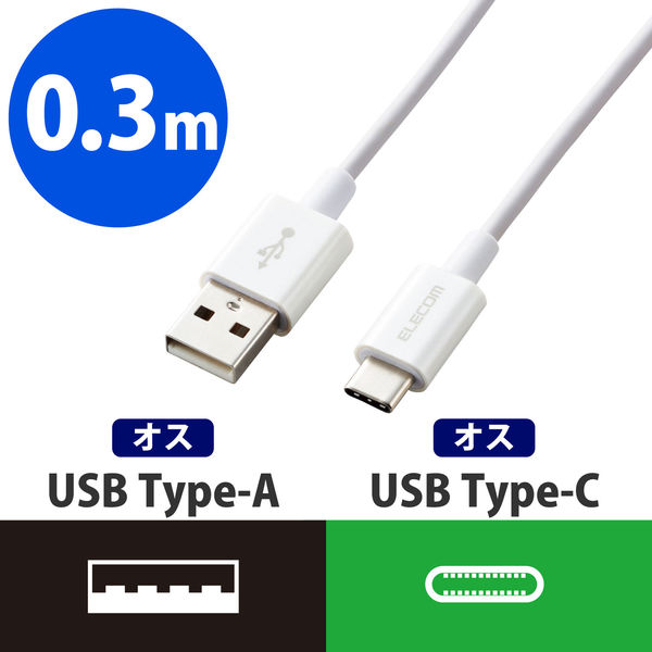 タブレット・スマホ USBケーブル A-Type C 認証品やわらか耐久 白 0.3m