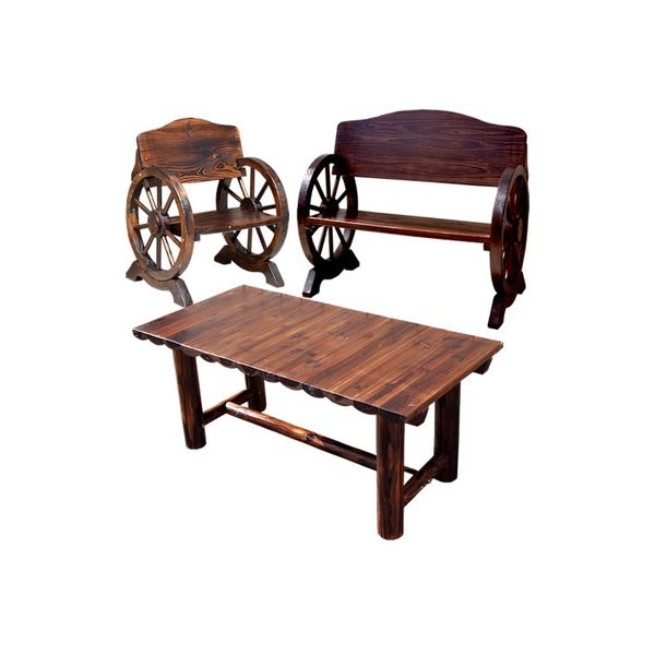 車輪ベンチ＆焼杉テーブル3点セット ベンチ大、小、テーブル 簡単組立