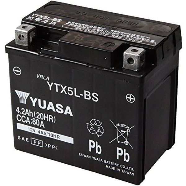 二輪車用品】台湾YUASA（ユアサ） シールド型 バイク用バッテリー液入充電済 TY YTX5L-BS 1個（直送品） - アスクル