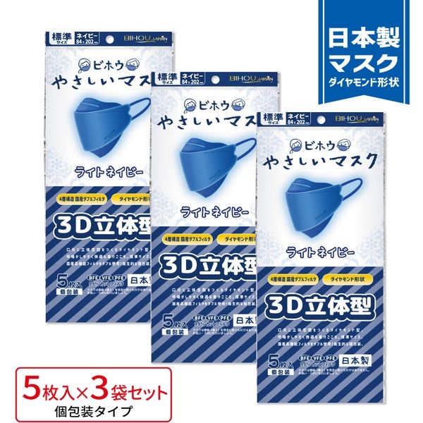 3D立体型やさしいマスク 標準 ネイビー 5枚入 ３袋セット DN05